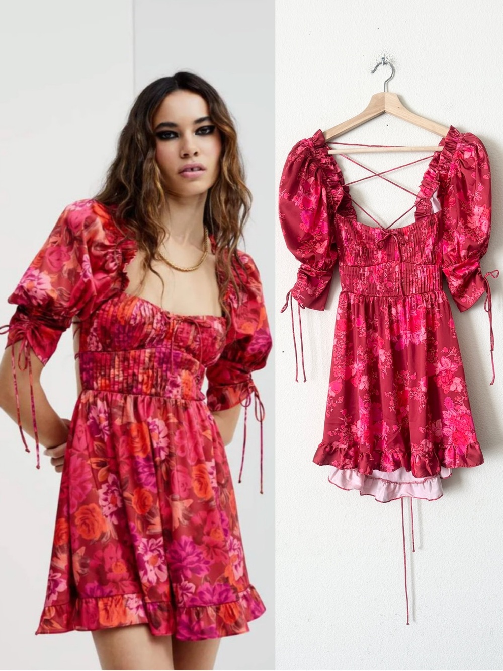 For Love & Lemons SMALL Alia red floral satin strappy laceup back mini dress